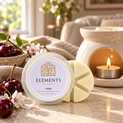Love 50g soy wax melt snap pot beside a lit ceramic wax burner – Elements of Fragrance
