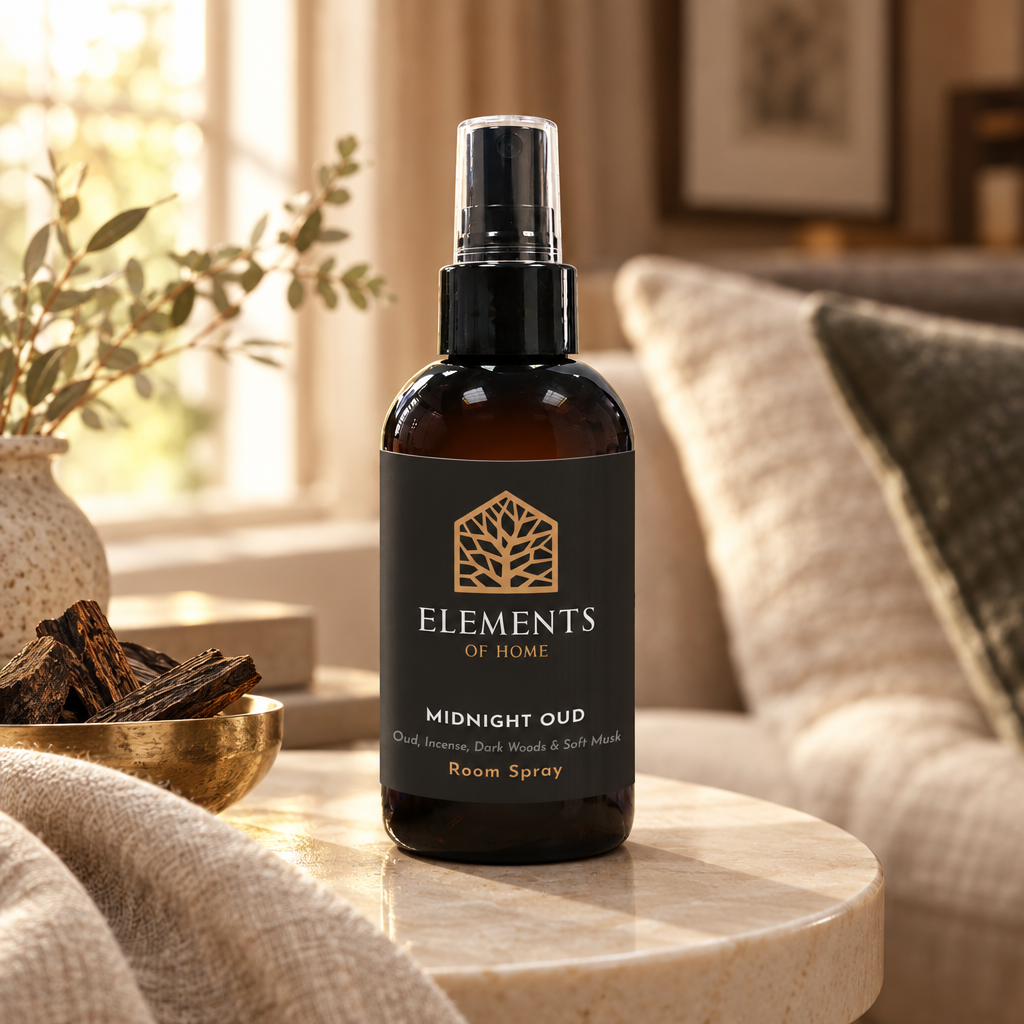 Midnight Oud 150ml room spray on a side table in a sunlit living room – Elements of Fragrance