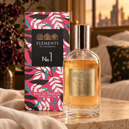 No01 Inspired by Black Opium 100ml eau de parfum styled on a marble table in a sunlit room – Elements of Fragrance