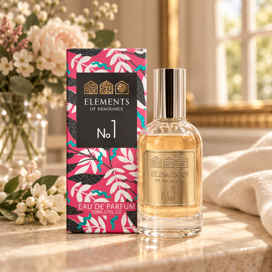 No01 Inspired by Black Opium 50ml eau de parfum styled on a marble table in a sunlit room – Elements of Fragrance