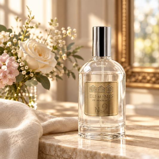 No02 Inspired by Diamonds 100ml eau de parfum styled on a marble table in a sunlit room – Elements of Fragrance