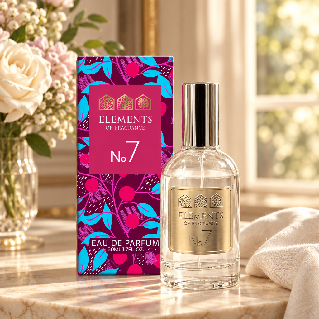 No07 Inspired by Baccarat Rouge 50ml eau de parfum styled on a marble table in a sunlit room – Elements of Fragrance