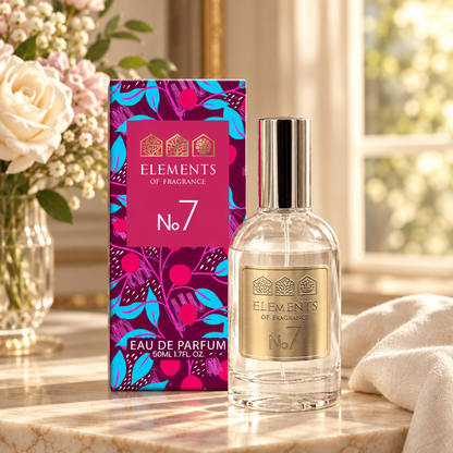 No07 Inspired by Baccarat Rouge 50ml eau de parfum styled on a marble table in a sunlit room – Elements of Fragrance