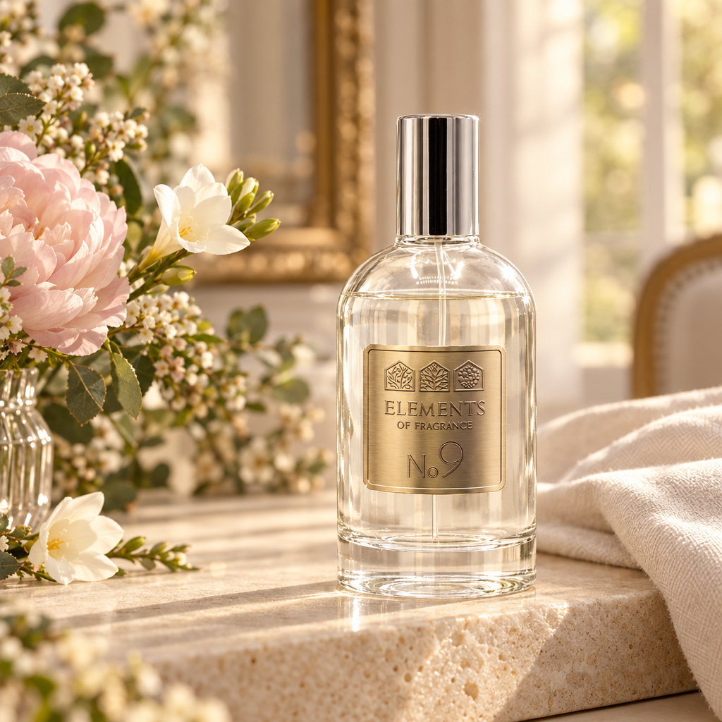 No09 Inspired by Flowerbomb 100ml eau de parfum styled on a marble table in a sunlit room – Elements of Fragrance