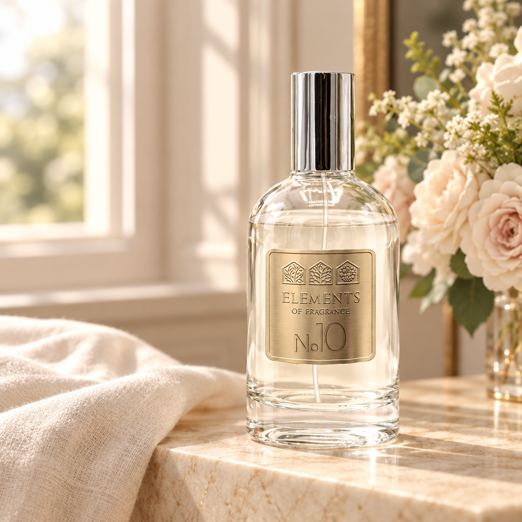 No10 Inspired by Snow Fairy 100ml eau de parfum styled on a marble table in a sunlit room – Elements of Fragrance
