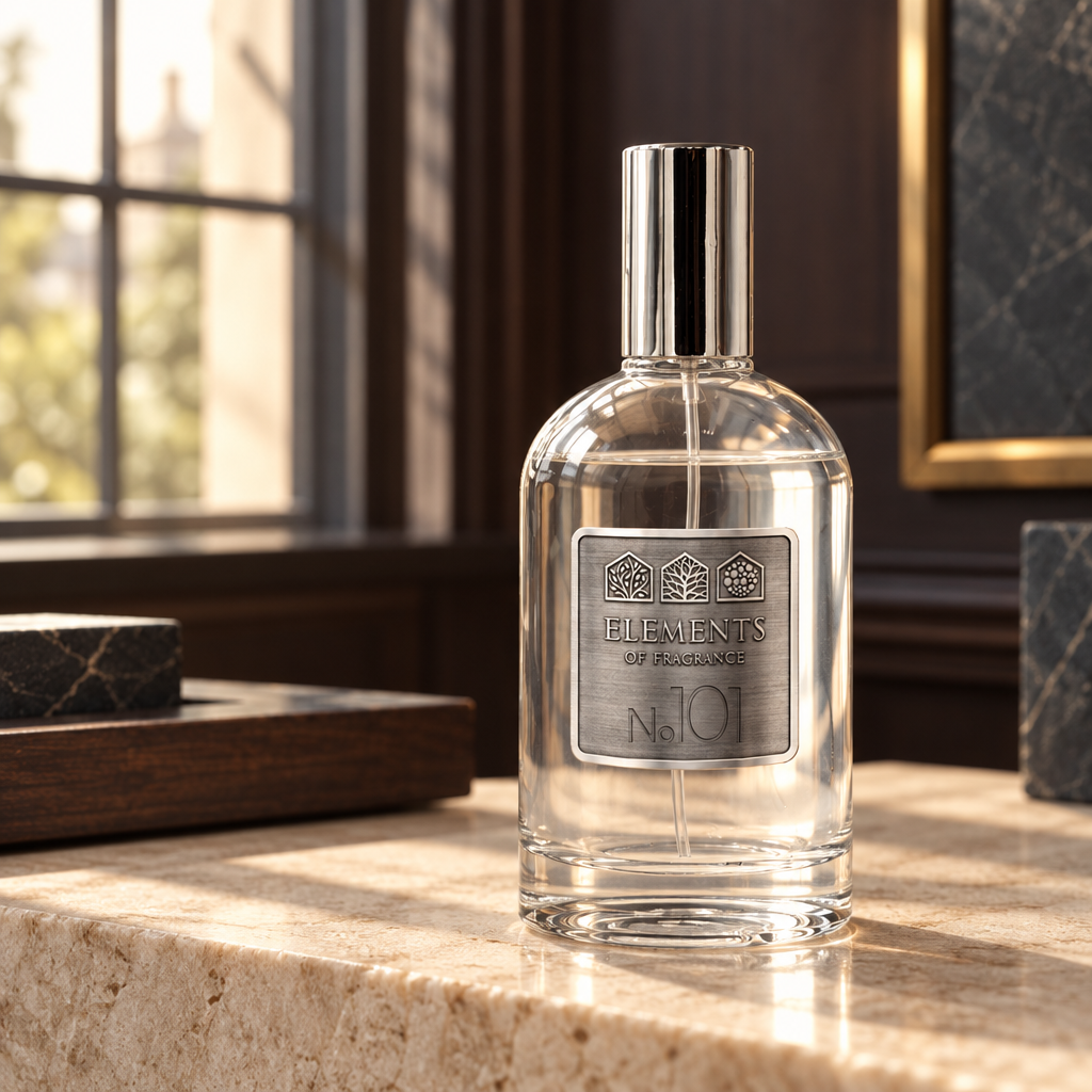 No101 Inspired by Bleu 100ml eau de parfum styled on a marble table in a sunlit room – Elements of Fragrance