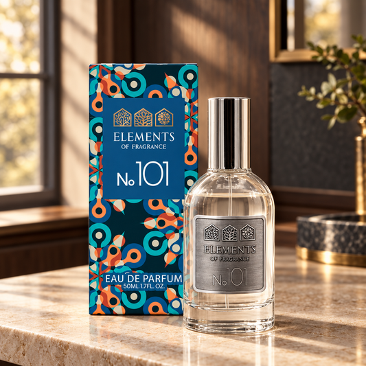 No101 Inspired by Bleu 50ml eau de parfum styled on a marble table in a sunlit room – Elements of Fragrance