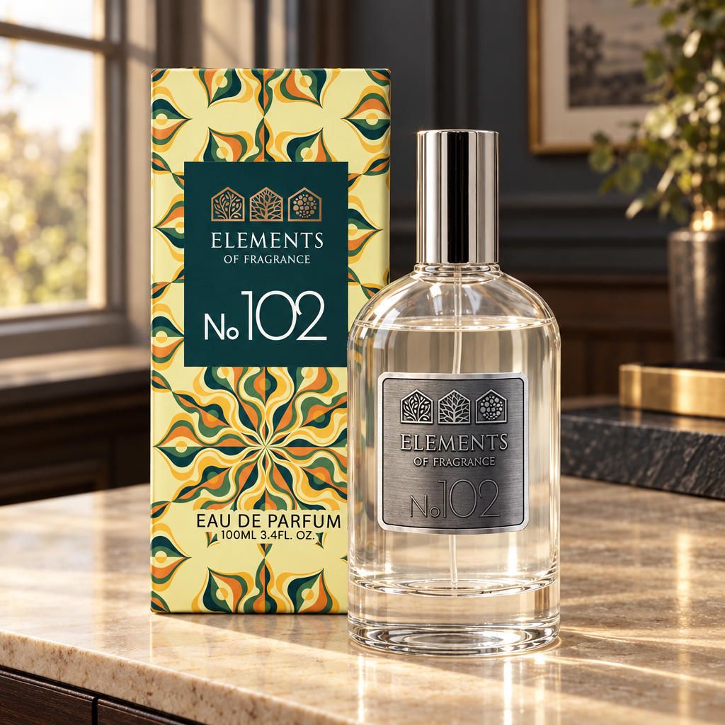 No102 Inspired by Black Orchid 100ml eau de parfum styled on a marble table in a sunlit room – Elements of Fragrance