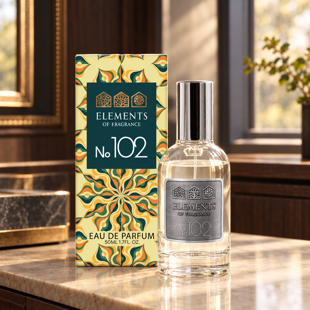 No102 Inspired by Black Orchid 50ml eau de parfum styled on a marble table in a sunlit room – Elements of Fragrance