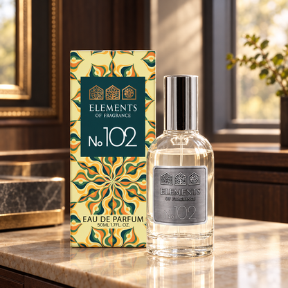 No102 Inspired by Black Orchid 50ml eau de parfum styled on a marble table in a sunlit room – Elements of Fragrance