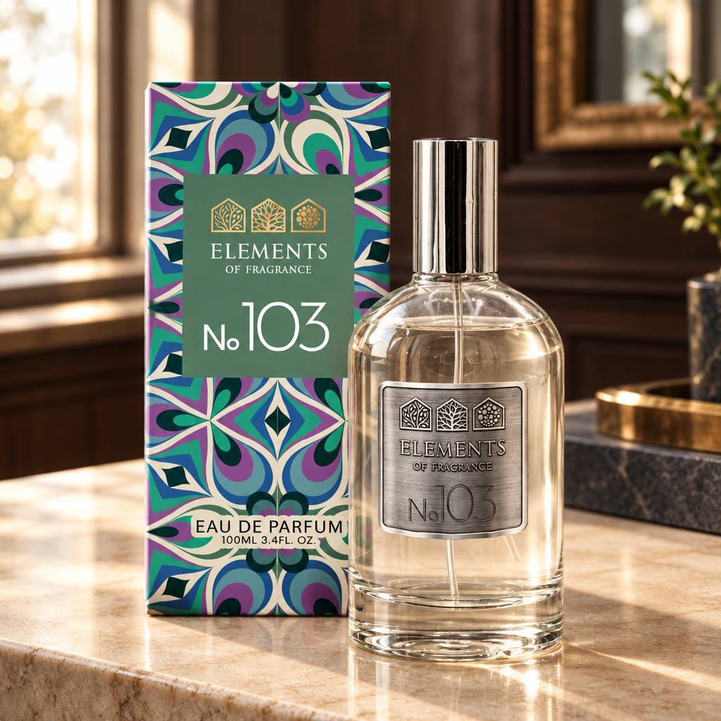 No103 Inspired by Aventus 100ml eau de parfum styled on a marble table in a sunlit room – Elements of Fragrance