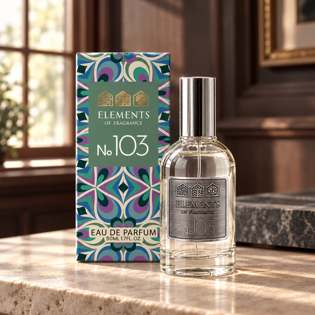 No103 Inspired by Aventus 50ml eau de parfum styled on a marble table in a sunlit room – Elements of Fragrance