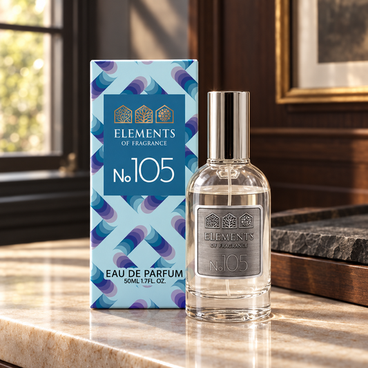 No105 Inspired by Invictus 50ml eau de parfum styled on a marble table in a sunlit room – Elements of Fragrance