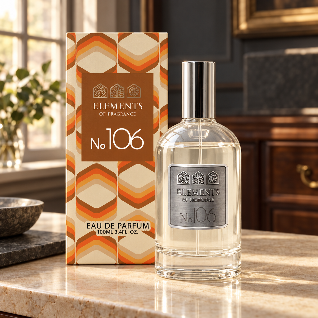 No106 Inspired by 1 Million 100ml eau de parfum styled on a marble table in a sunlit room – Elements of Fragrance