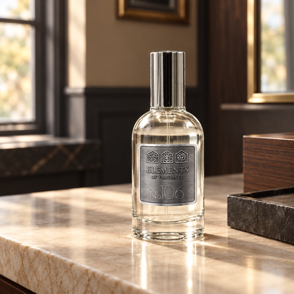 No106 Inspired by 1 Million 50ml eau de parfum styled on a marble table in a sunlit room – Elements of Fragrance