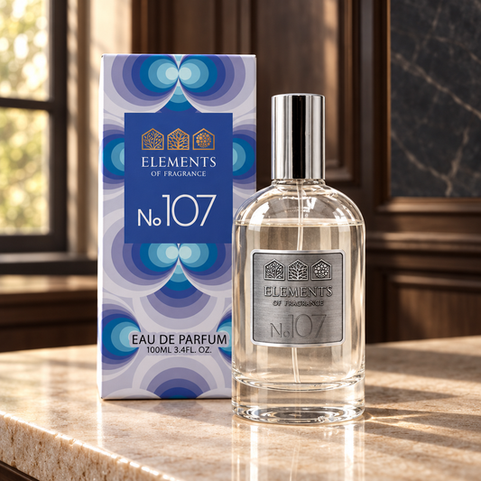 No107 Inspired by Phantom 100ml eau de parfum styled on a marble table in a sunlit room – Elements of Fragrance