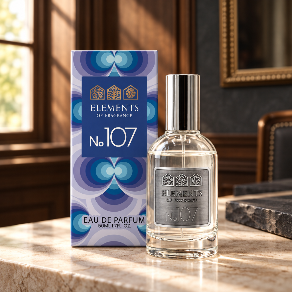No107 Inspired by Phantom 50ml eau de parfum styled on a marble table in a sunlit room – Elements of Fragrance