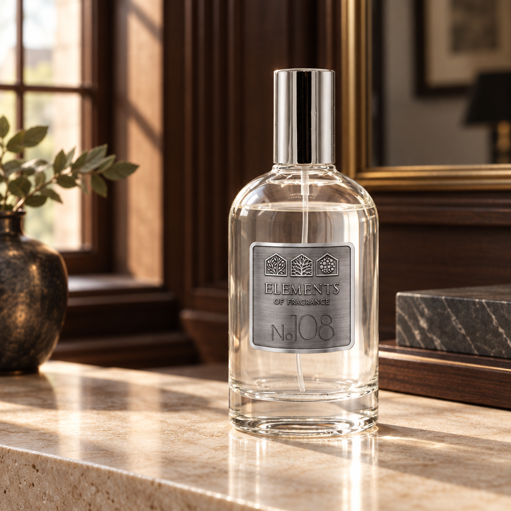 No108 Inspired by Polo Red 100ml eau de parfum styled on a marble table in a sunlit room – Elements of Fragrance