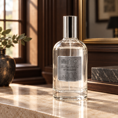 No108 Inspired by Polo Red 100ml eau de parfum styled on a marble table in a sunlit room – Elements of Fragrance