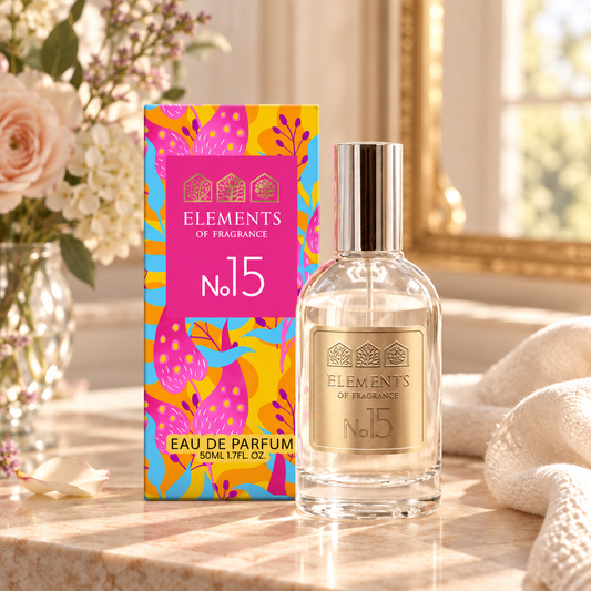 No15 Inspired by Coco Mademoiselle 50ml eau de parfum styled on a marble table in a sunlit room – Elements of Fragrance