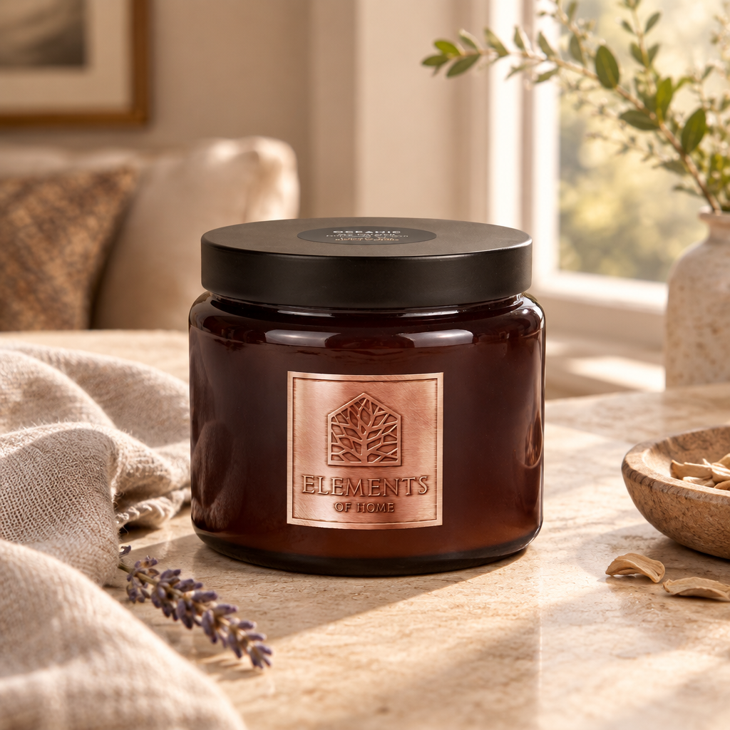 Oceanic 413g luxury candle in an amber glass jar in a cosy living room – Elements of Fragrance
