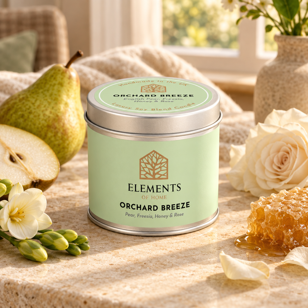 Orchard Breeze scented candle in a 180g tin styled with fresh ingredients – Elements of Fragrance