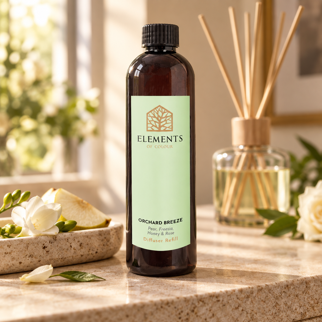 Orchard Breeze reed diffuser refill bottle beside a reed diffuser – Elements of Fragrance