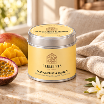 Passionfruit & Mango scented candle in a 180g tin styled with fresh ingredients – Elements of Fragrance