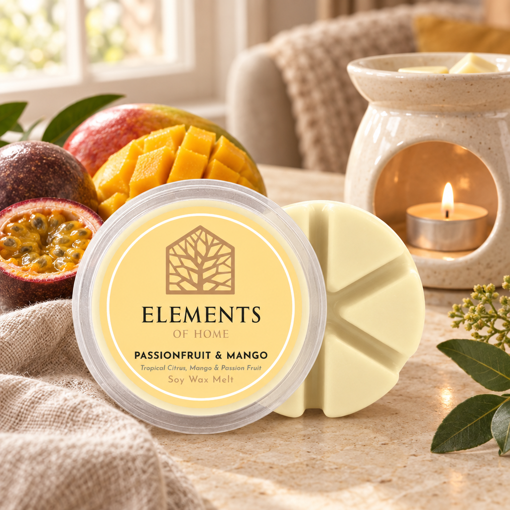 Passionfruit & Mango 50g soy wax melt snap pot beside a lit ceramic wax burner – Elements of Fragrance