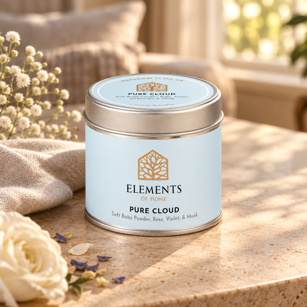 Pure Cloud scented candle in a 180g tin styled with fresh ingredients – Elements of Fragrance
