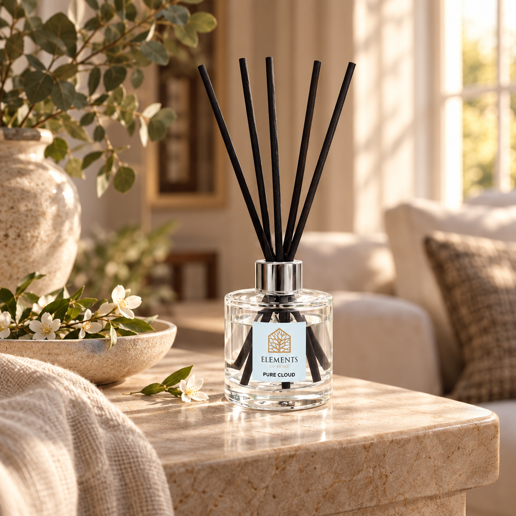 Pure Cloud 100ml reed diffuser with black reeds styled in a sunlit living room – Elements of Fragrance