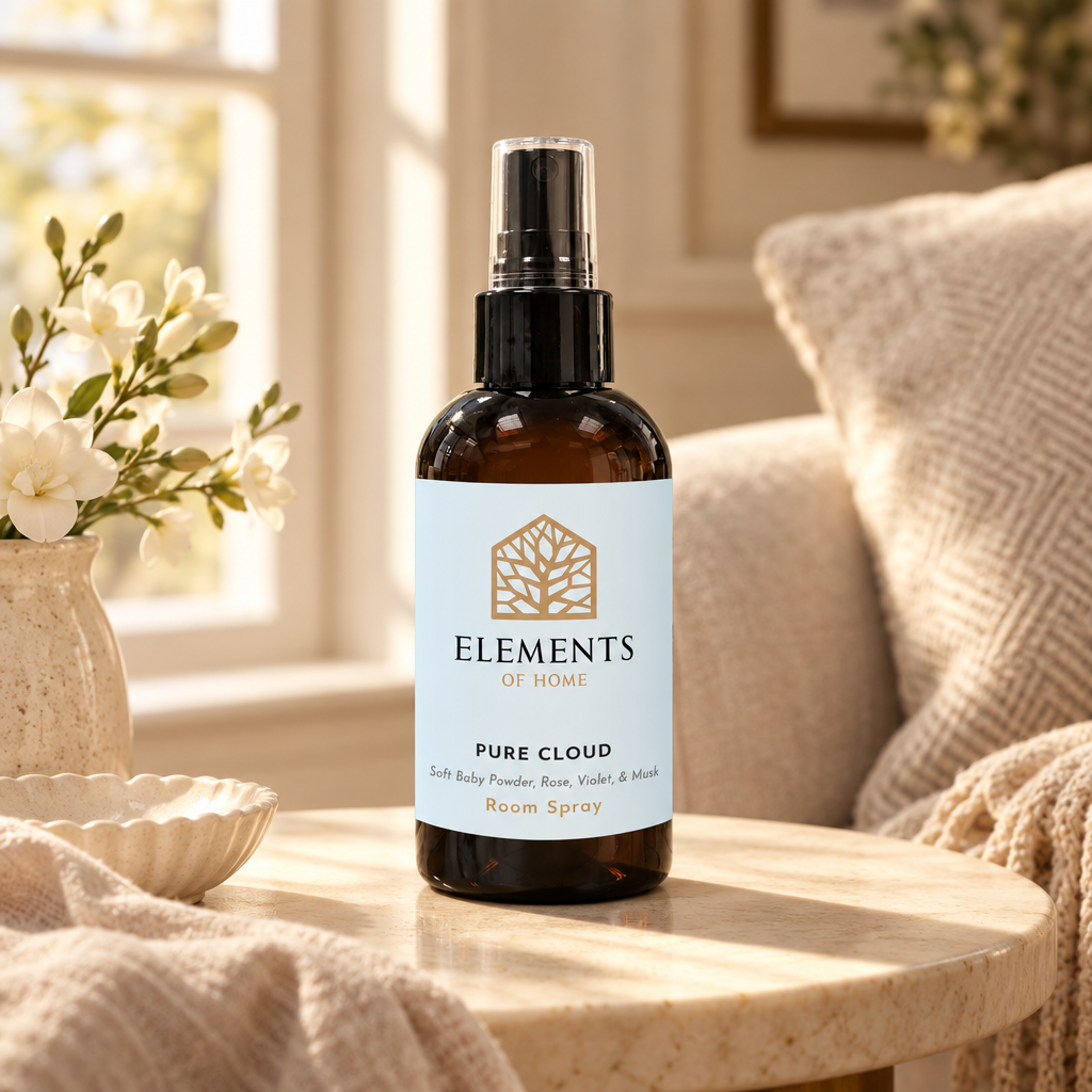 Pure Cloud room spray on a side table in a sunlit living room – Elements of Fragrance