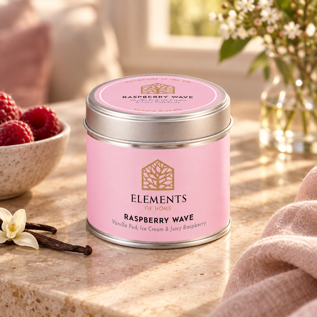 Raspberry Wave scented candle in a 180g tin styled with fresh ingredients – Elements of Fragrance