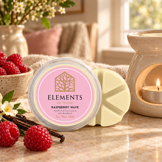 Raspberry Wave 50g soy wax melt snap pot beside a lit ceramic wax burner – Elements of Fragrance