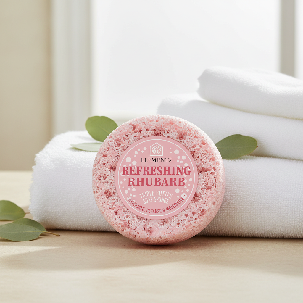 Refreshing Rhubarb triple butter soap sponge on a bathroom shelf with white towels – Elements of Fragrance