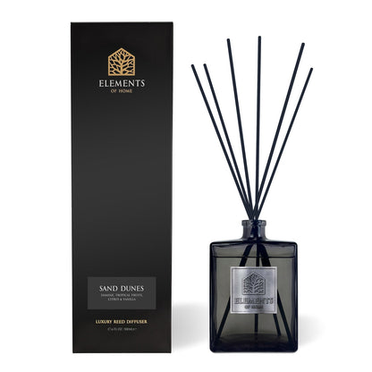 Sand Dunes 500ml luxury reed diffuser in a black glass bottle and gift box – Elements of Fragrance
