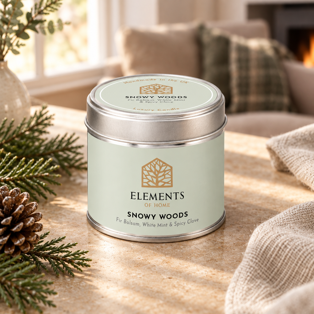 Snowy Woods scented candle in a 180g tin styled with fresh ingredients – Elements of Fragrance