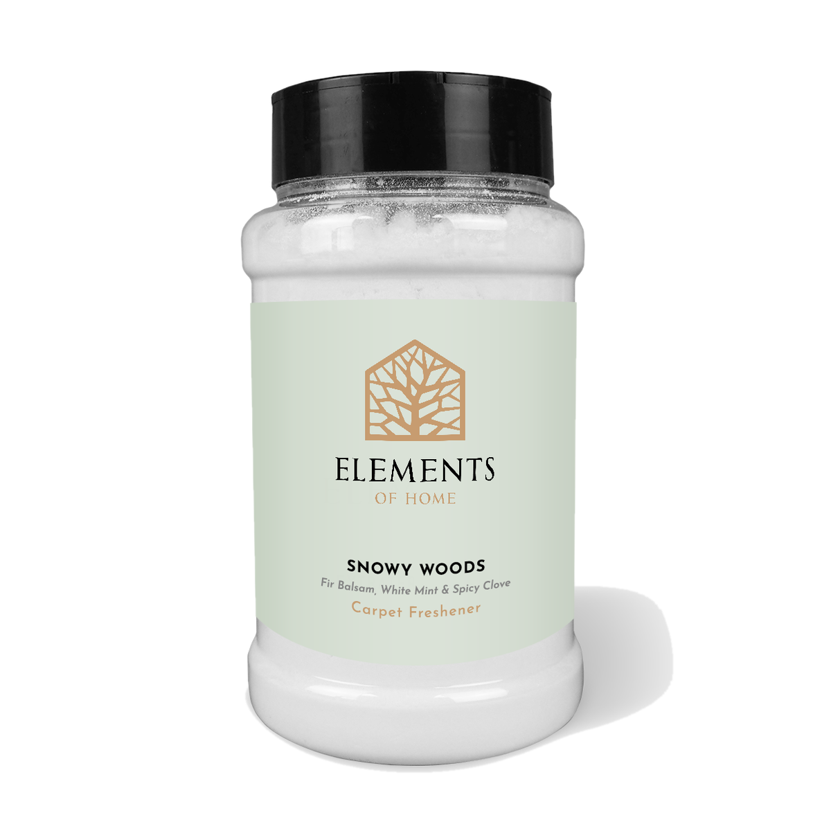 Snowy Woods scented carpet sprinkles in a shaker tub – Elements of Fragrance