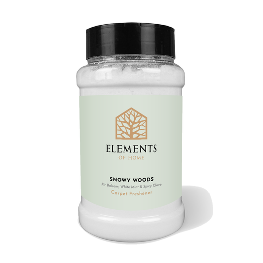 Snowy Woods scented carpet sprinkles in a shaker tub – Elements of Fragrance