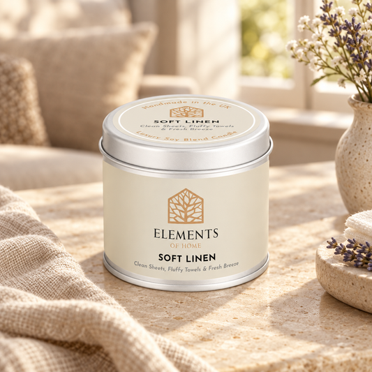 Soft Linen scented candle in a 180g tin styled with fresh ingredients – Elements of Fragrance