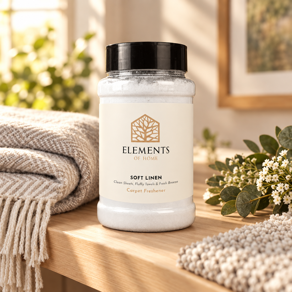 Soft Linen scented carpet sprinkles shaker tub on a wooden shelf with cosy throws – Elements of Fragrance