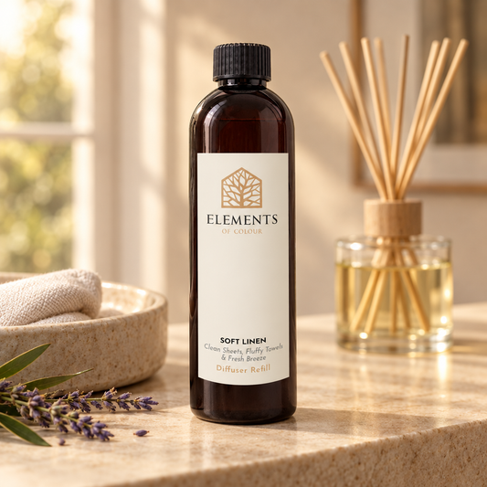 Soft Linen reed diffuser refill bottle beside a reed diffuser – Elements of Fragrance