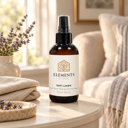 Soft Linen room spray on a side table in a sunlit living room – Elements of Fragrance