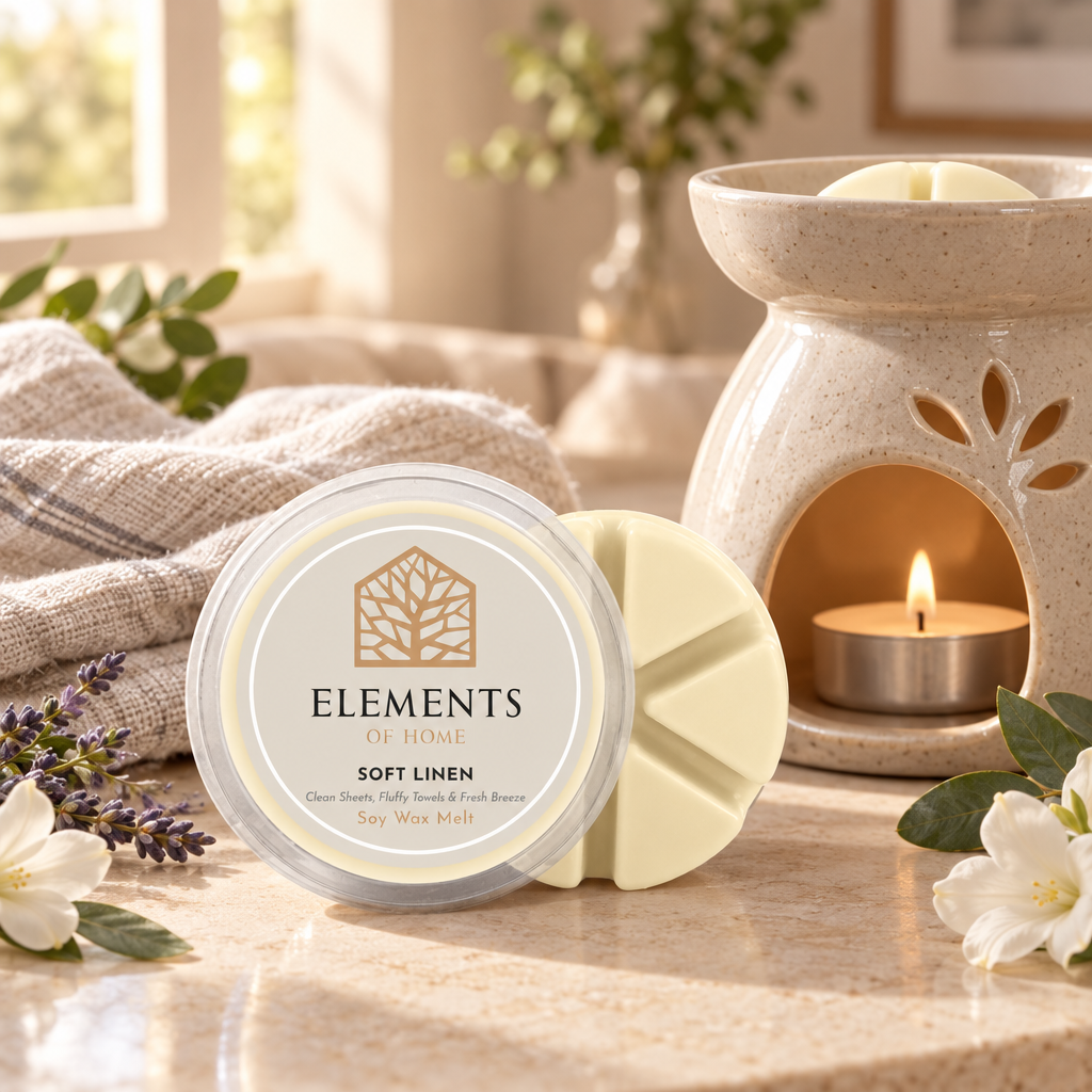 Soft Linen 50g soy wax melt snap pot beside a lit ceramic wax burner – Elements of Fragrance