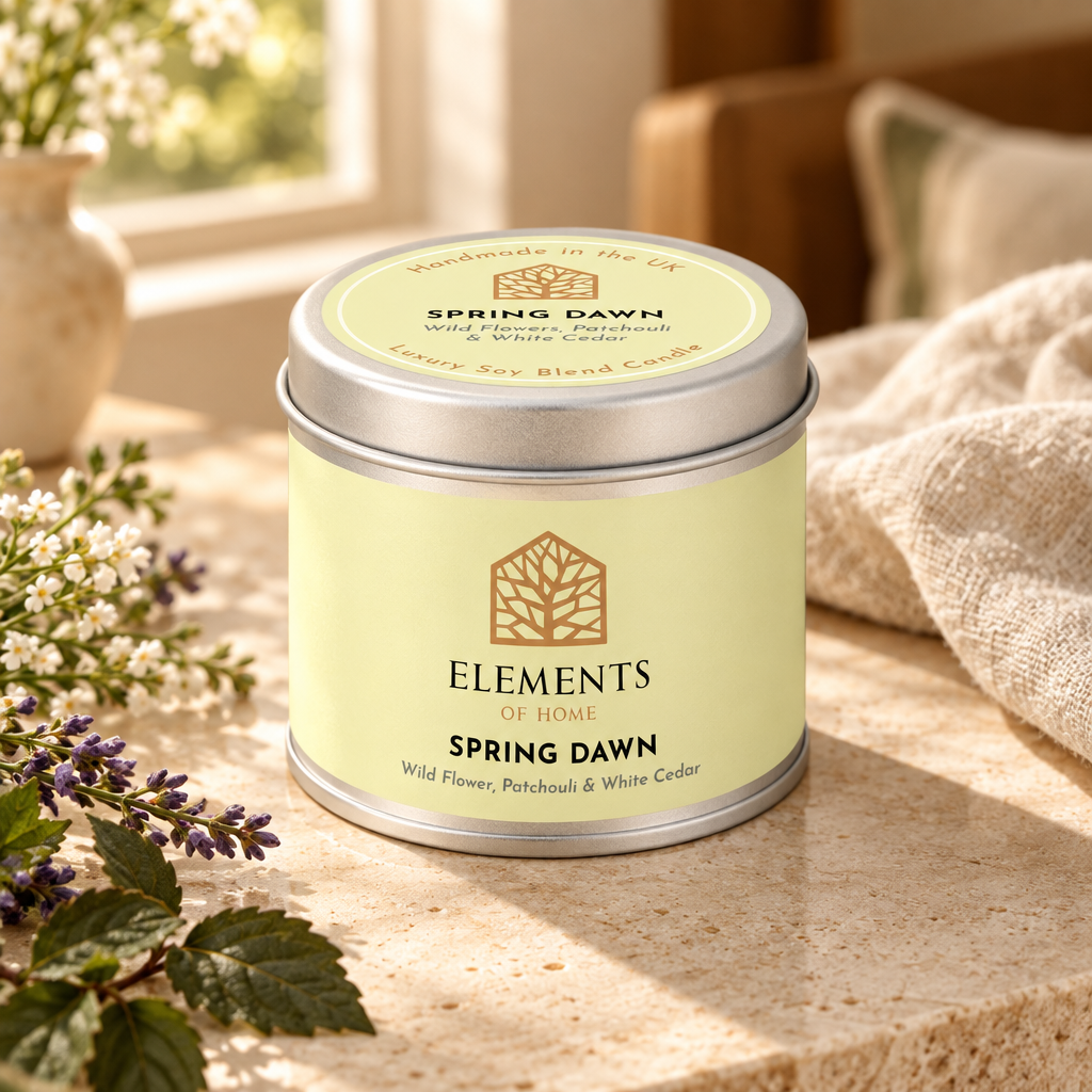 Spring Dawn scented candle in a 180g tin styled with fresh ingredients – Elements of Fragrance
