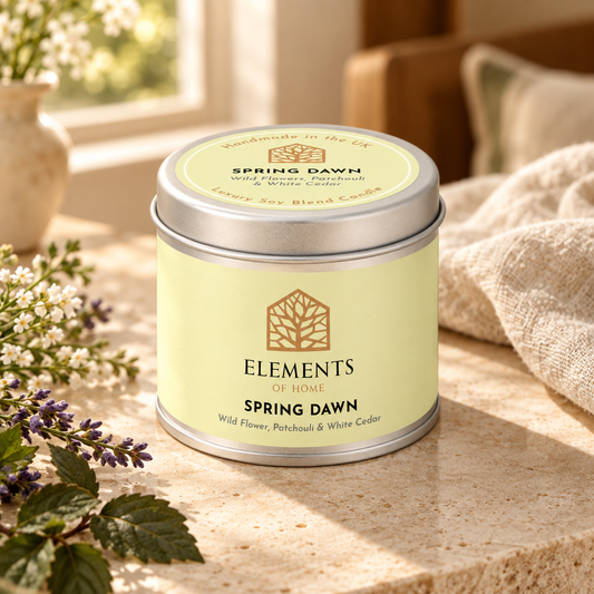Spring Dawn scented candle in a 180g tin styled with fresh ingredients – Elements of Fragrance