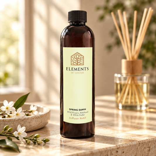 Spring Dawn reed diffuser refill bottle beside a reed diffuser – Elements of Fragrance