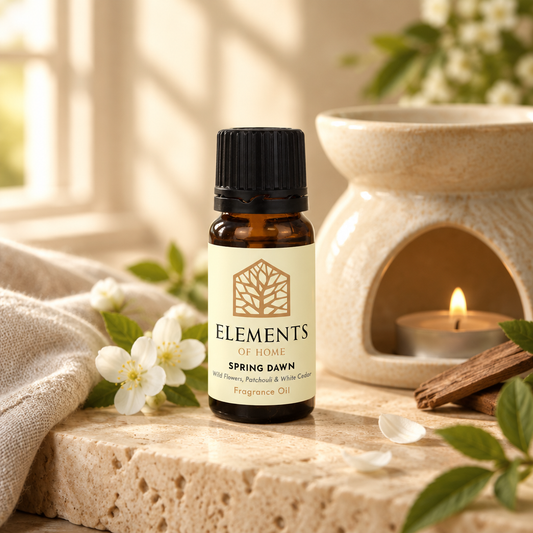 Spring Dawn fragrance oil 10ml bottle beside a lit ceramic oil burner – Elements of Fragrance