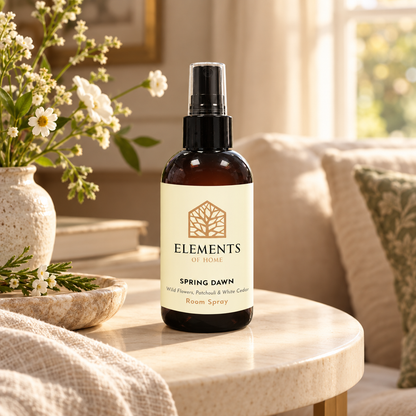 Spring Dawn room spray on a side table in a sunlit living room – Elements of Fragrance