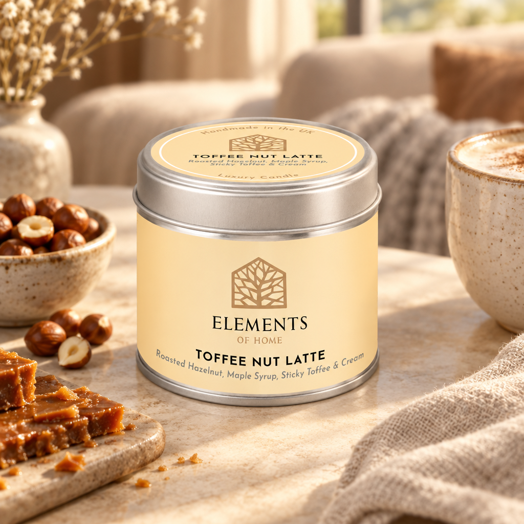 Toffee Nut Latte scented candle in a 180g tin styled with fresh ingredients – Elements of Fragrance